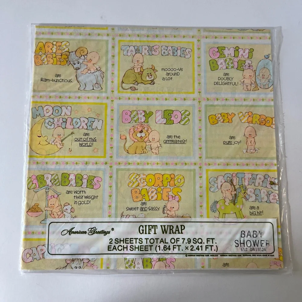 Vintage American Greetings Baby Zodiac Gift Wrap 2 Sheets 1980 Baby Retro